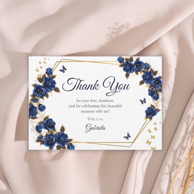 Navy Blue Golden Tiara Roses Butterfly Quinceañera Thank You Card (Creator Uploaded)