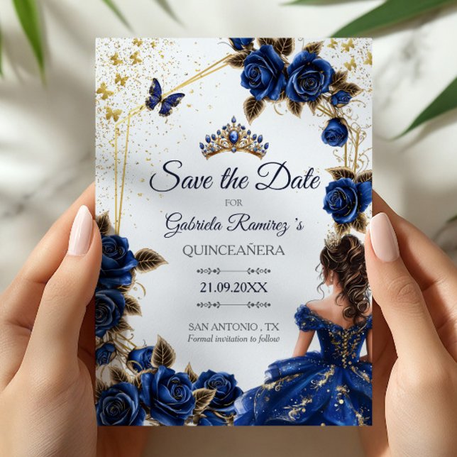 Navy Blue Golden Tiara Roses  Quinceañera Save The Date (Creator Uploaded)