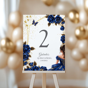 Navy Blue Golden Tiara Roses  Quinceañera  Table Number