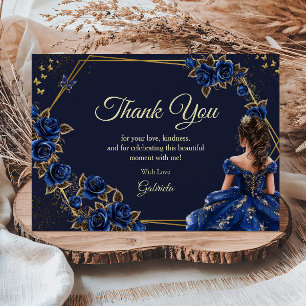 Navy Blue Golden Tiara Roses  Quinceañera Thank You Card