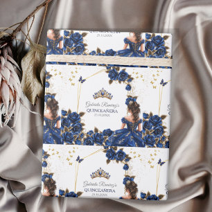 Navy Blue Golden Tiara Roses Quinceañera Wrapping Paper