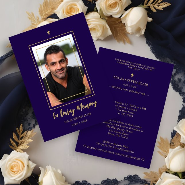 Navy Blue & Golden Traditional Elegant Funeral  Invitation (Navy Blue & Golden Traditional Elegant Funeral Photo Invitation Card. )