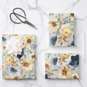 Navy Blue & Golden Yellow Peony & Sunflowers Wrapp Wrapping Paper Sheet