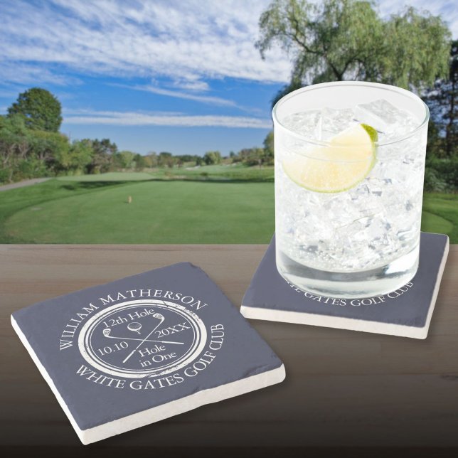 Navy Blue Golf Hole in One Personalised Stone Coaster (Navy Blue Golf Hole in One Personalized Stone Coaster)