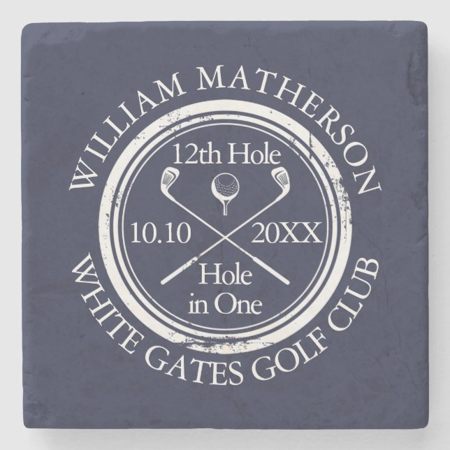 Navy Blue Golf Hole in One Personalised Stone Coaster (Front)