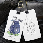 Navy Blue Golf Monogram Luggage Tag<br><div class="desc">This elegant monogram golf bag or luggage tag features a stylish navy blue watercolor golf bag filled with clubs, resting on a patch of green grass. A simple serif font initial monogram appears on the bag, blending smoothly into the overall design. Below the monogram, the full name is displayed in...</div>