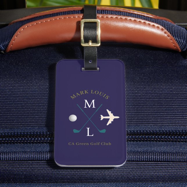 Navy Blue Golfer Club Monogram  Luggage Tag (Front Insitu 2)