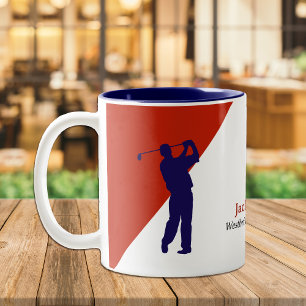Navy Blue Golfer on Red Diagonal Two-Tone Coffee Mug
