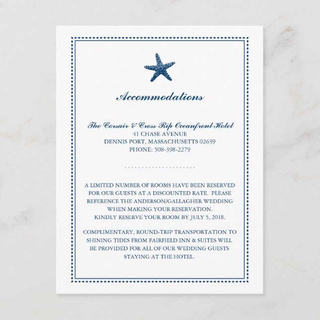Navy Blue Graceful Starfish Wedding Accommodations Enclosure Card (Front)