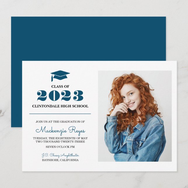 Navy Blue Grad Cap - Simple Photo Graduation Invitation (Front/Back)