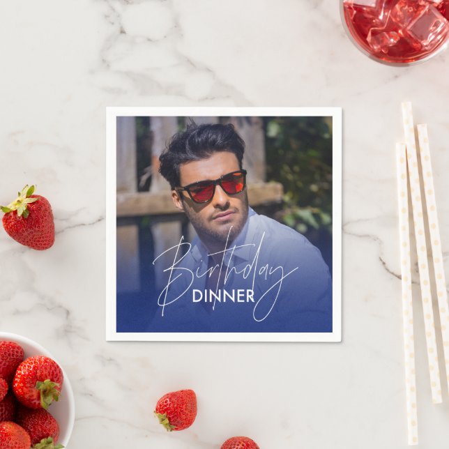 Navy Blue Gradient Photo Dinner Birthday Napkin (Insitu)