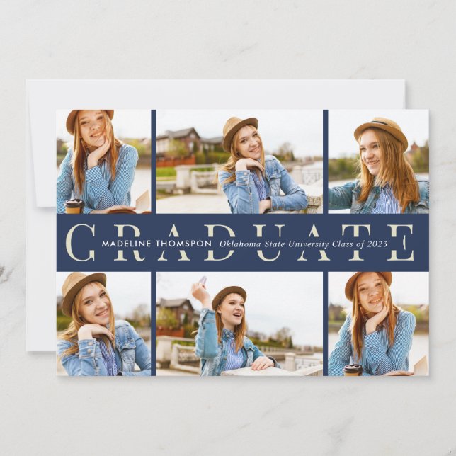 Navy Blue Graduate 6 Photo Collage Graduation Announcement (Front)