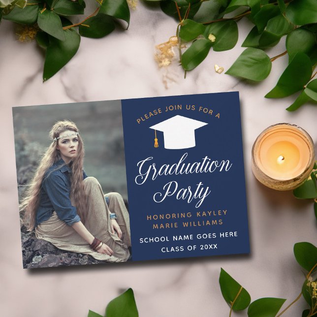Navy Blue Graduate Photo Elegant Graduation Party Invitation (Creator Uploaded)