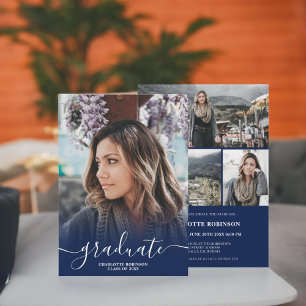 Navy blue graduate script photo graduation invitation