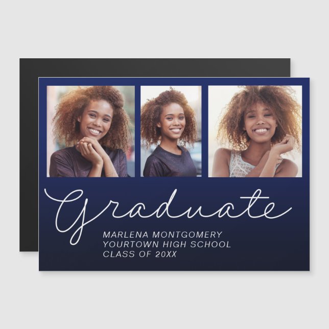 Navy Blue Graduation 3 Photo Announcement (Front/Back)