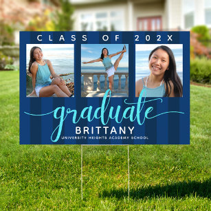 Navy blue graduation 3 photo glitter script yard garden sign