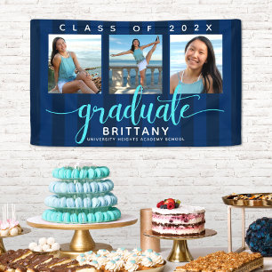 Navy blue graduation 3 photo modern glitter script banner
