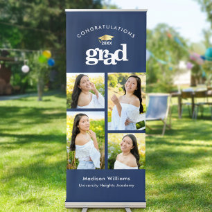 Navy Blue Graduation 4 Photo Collage Bold Cap Type Retractable Banner