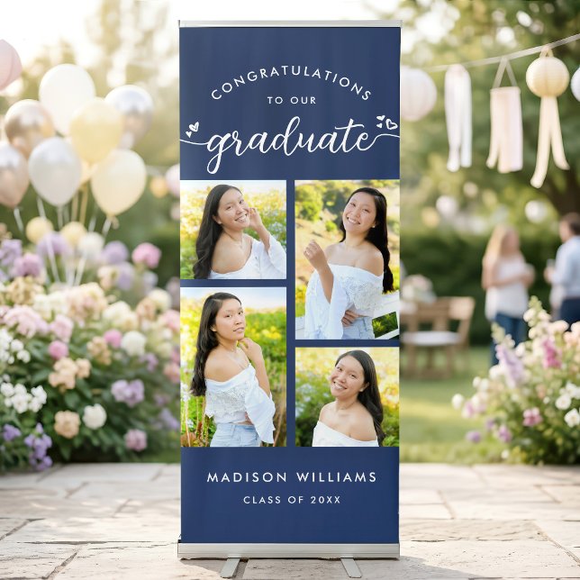 Navy Blue Graduation 4 Photo Collage Script Hearts Retractable Banner (Creator Uploaded)
