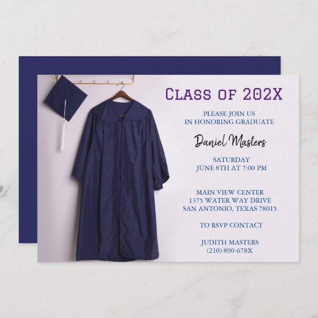 Navy Blue graduation cap and gown invitations (Front/Back)