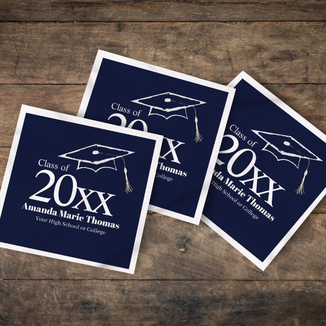 Navy Blue Graduation Cap Class of 20XX Name Napkin (Elevate your grad party with custom navy blue Class of 20XX napkins.)
