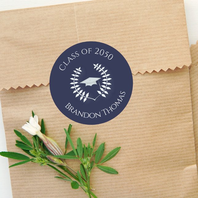 Navy Blue Graduation Classic Template Round Sticker (Creator Uploaded)