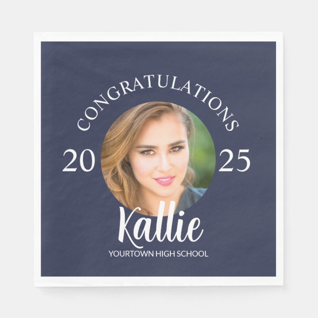 Navy Blue Graduation Congratulations Photo Napkin (Front)