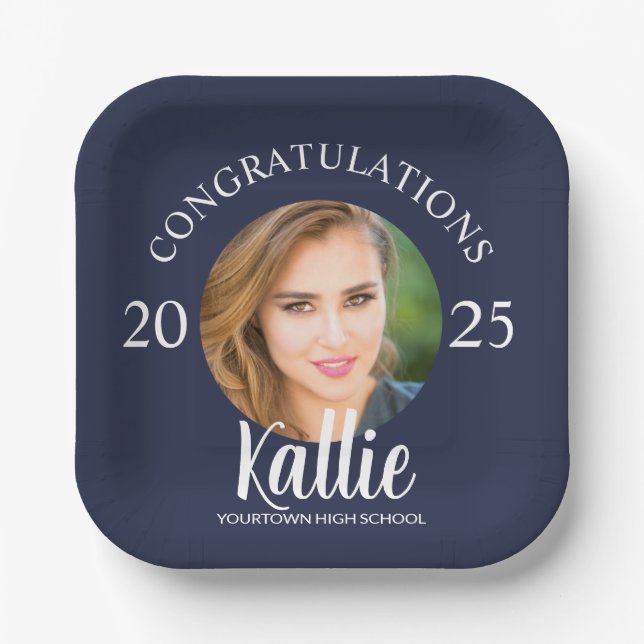 Navy Blue Graduation Congratulations Photo Paper Plate (Front)