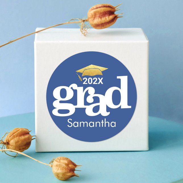 Navy Blue Graduation Gold Bold Modern Typography Classic Round Sticker (Creator Uploaded)