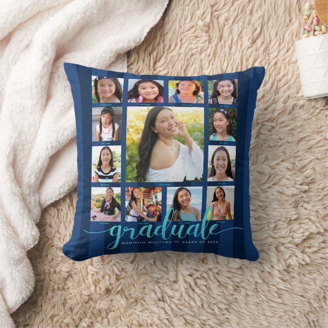 Navy Blue Graduation K–12 Photo Collage Script Cushion (Blanket)
