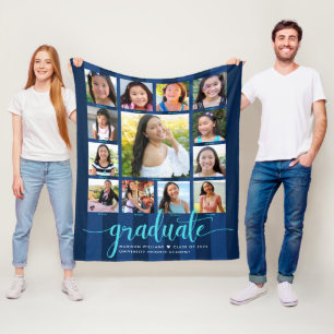 Navy Blue Graduation K–12 Photo Collage Script Fleece Blanket