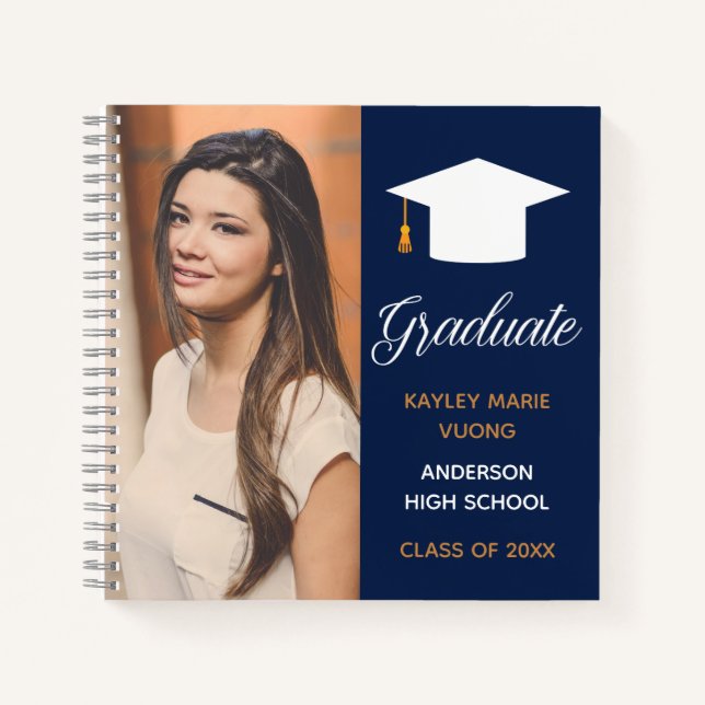 Navy Blue Graduation Party Photo Autograph Guest Notebook (Front)