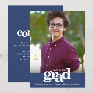 Navy blue graduation photo bold modern typography announcement