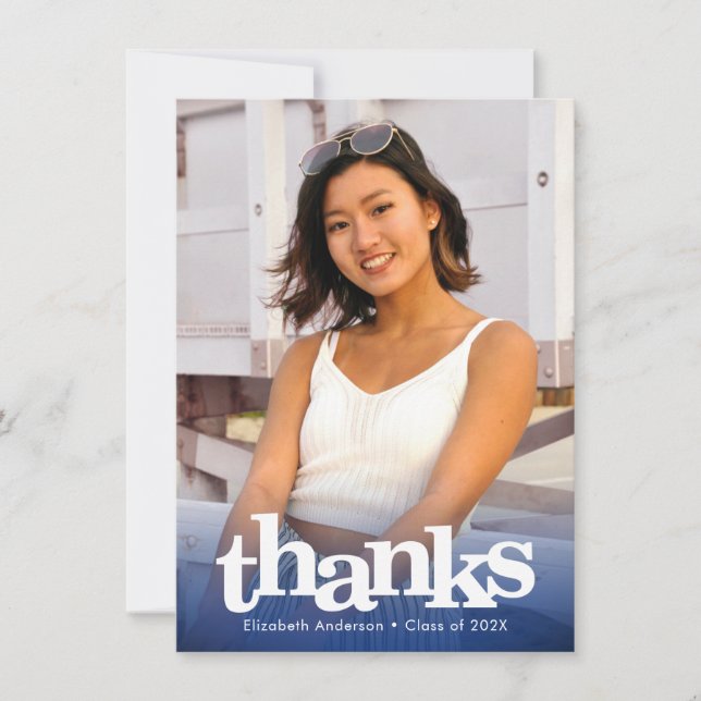Navy blue graduation photo bold modern typography thank you card (Front)