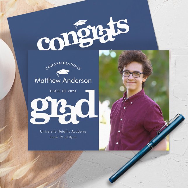 Navy blue graduation photo modern bold typography announcement (Creator Uploaded)