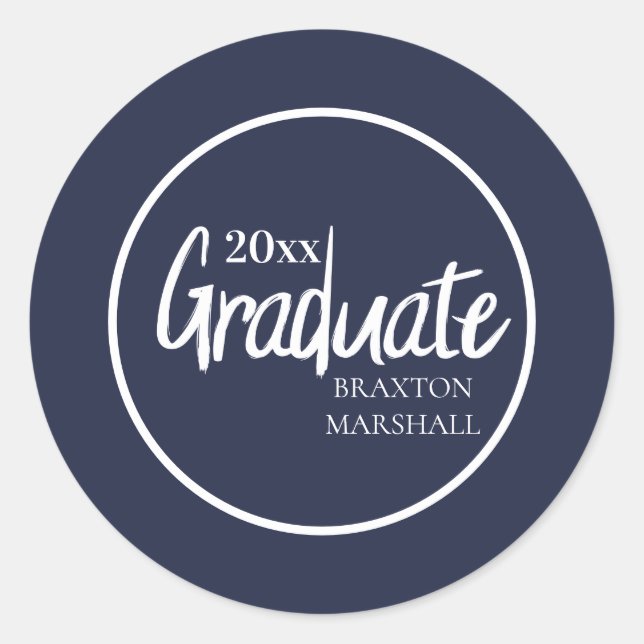 Navy Blue Graduation Year Name Classic Round Sticker (Front)