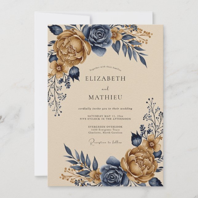 Navy Blue Grand Vintage Wedding Invitation (Front)