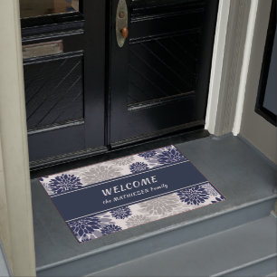 Navy Blue Gray Flower Graphic Pattern Doormat