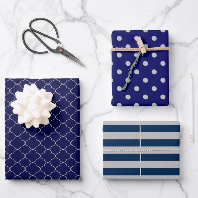 Navy Blue Gray Patterned Wrapping Paper Sheets (Front)