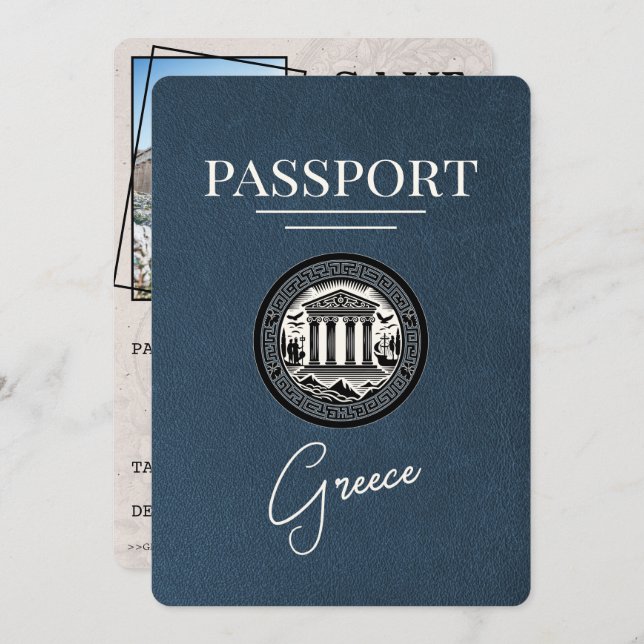 Navy Blue Greece Passport Save the Date Card (Front/Back)