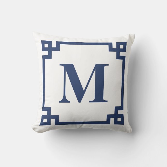 Navy Blue Greek Key Border Monogram Cushion (Front)