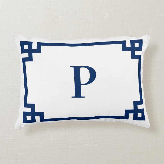 Navy Blue Greek Key Border Monogram Decorative Cushion (Front)