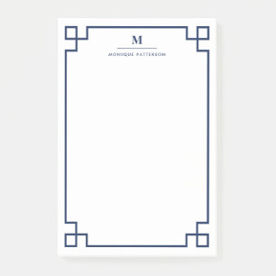 Navy Blue Greek Key Border Monogram Personalised Post-it Notes