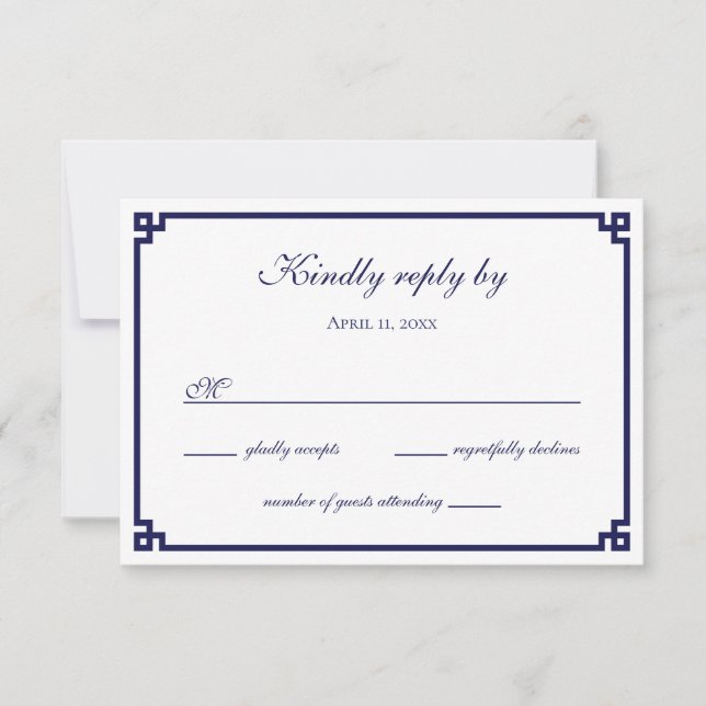 Navy Blue Greek Key Border RSVP Card (Front)