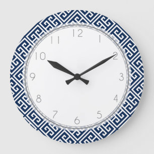 Navy Blue Greek Key Pattern Large Clock