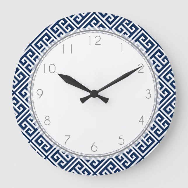 Navy Blue Greek Key Pattern Large Clock (Front)