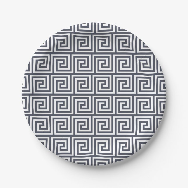 Navy Blue Greek Key Pattern Paper Plate (Front)