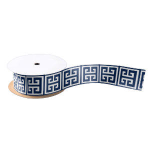 Navy Blue Greek Key Pattern Satin Ribbon