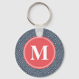 Navy Blue Greek Key Pattern Watermelon Monogram Ring