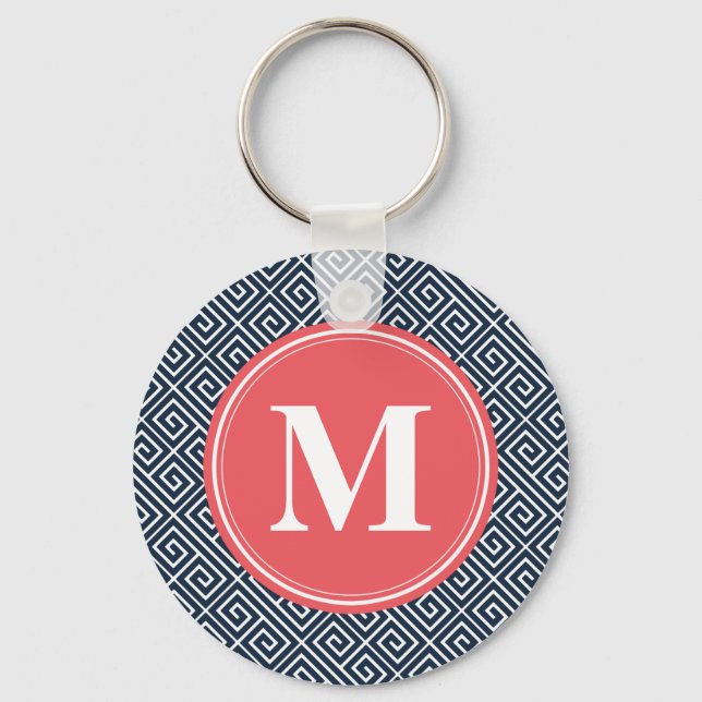 Navy Blue Greek Key Pattern Watermelon Monogram Ring (Front)